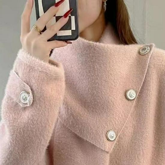 Französischer Rosa Schal Dopamin Pullover Mantel: Damen Winter Locker Gestrickte Strickjacke