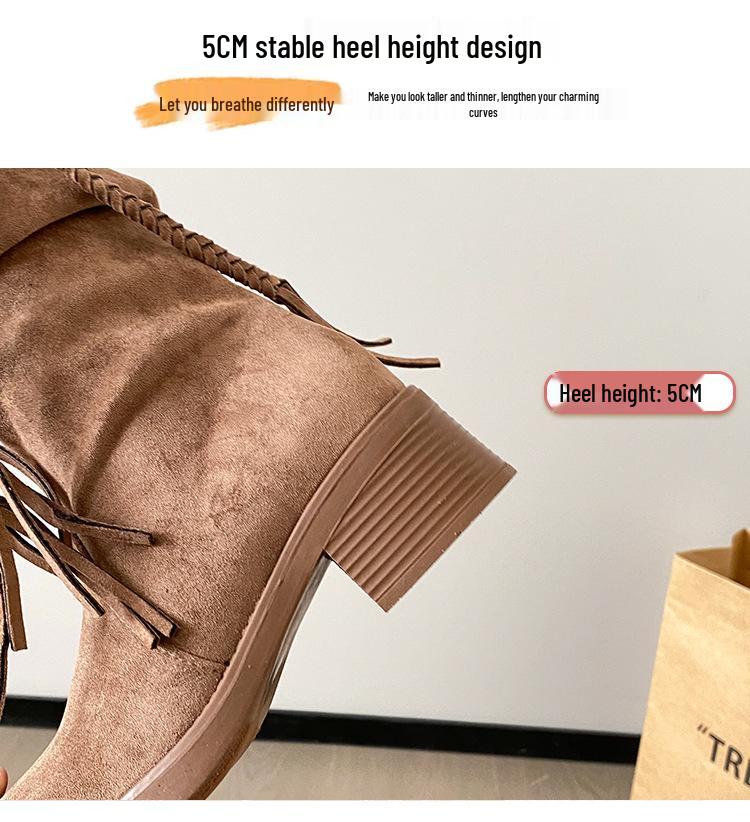 Women's Retro Chunky Heel Tassel Boots - Suede Mid-Calf Ruched Cowboy Style for Autumn/Winter