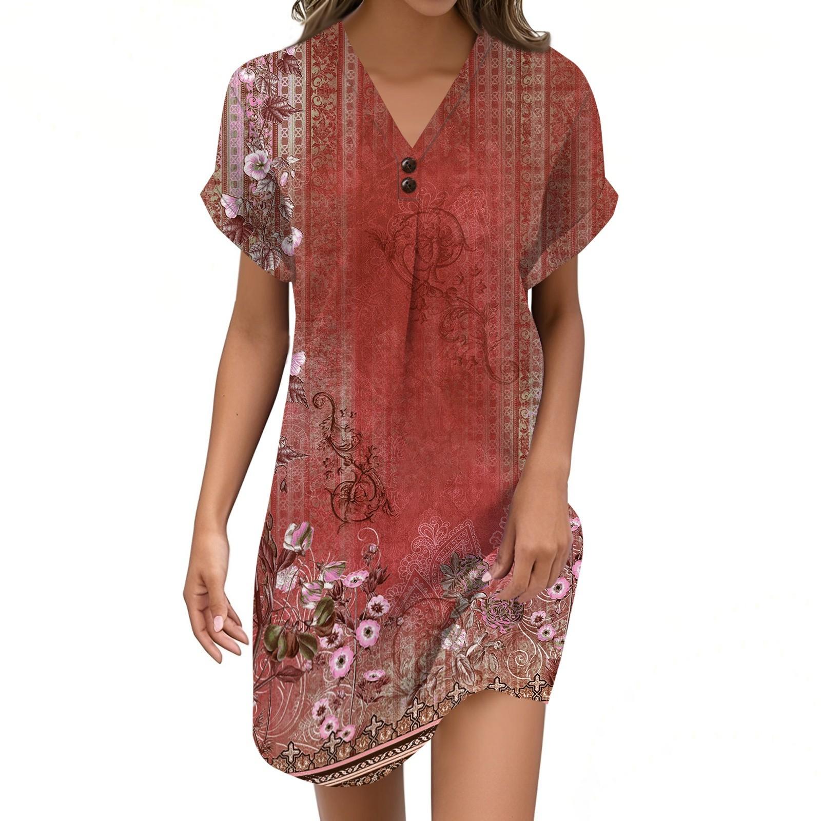 

Women s V-neck Vintage Floral Print Pullover Casual Button Dress XXL винний