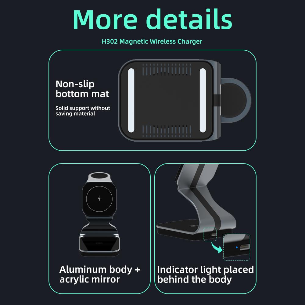 H302 3 In 1 Magnetic Wireless Charger 15W Fast Charging Stand for Phone Earbuds Watch