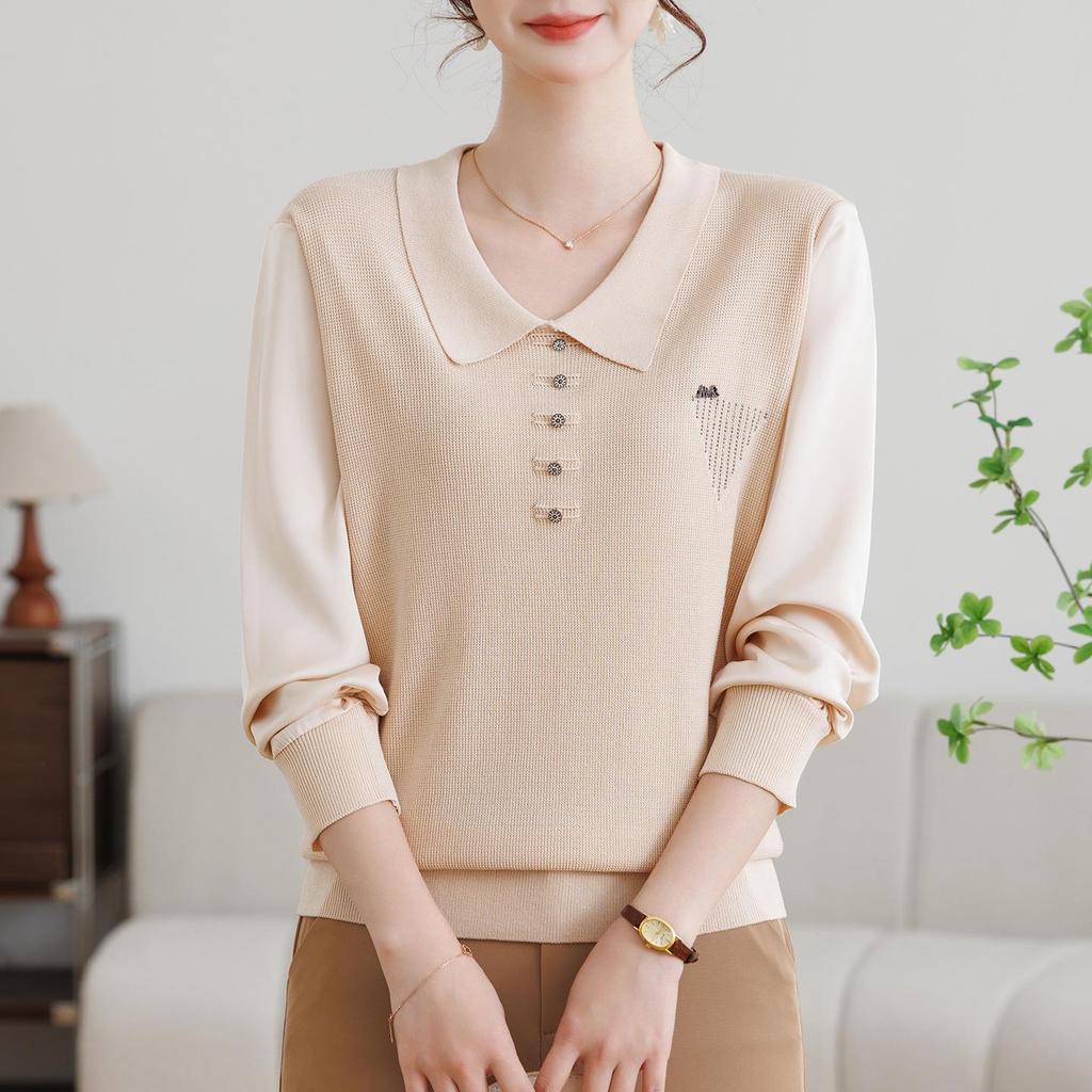 Mom's Gauze Sleeve Long-Sleeve Knit Top for Middle-aged Women - Lightweight Spring/Autumn Wear