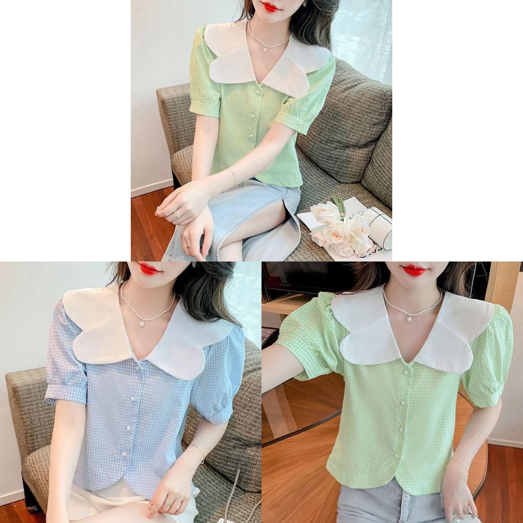 Summer Womens Blouse With Bubble Sleeves And French Collared Design For Casual Wear