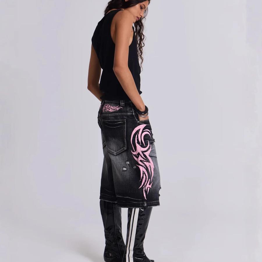 Goth Vintage Print Baggy Jeans Women Street Hip Hop Washing Old High Waisted Jeans Woman Clothing Wide-leg Pants Jean Shorts
