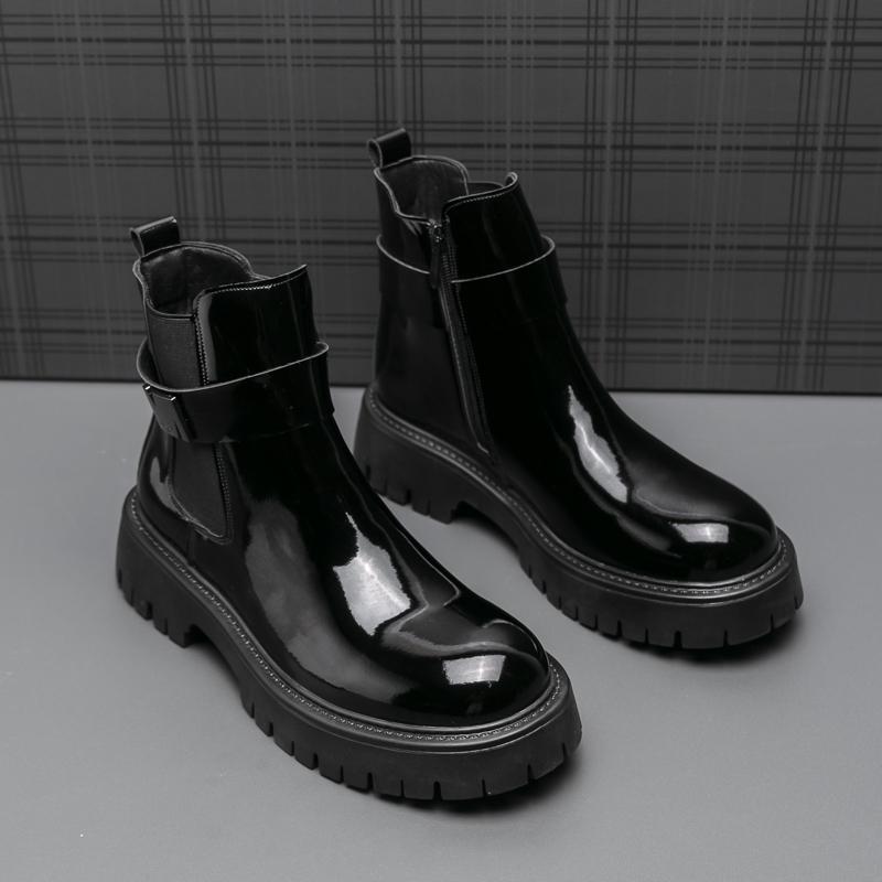 

Модные сапоги из лакированной кожи с толстой подошвой, полусапожки до середины голени, глянцевые уличные кожаные сапоги, короткие мужские сапоги с круглым носком 46 чёрный