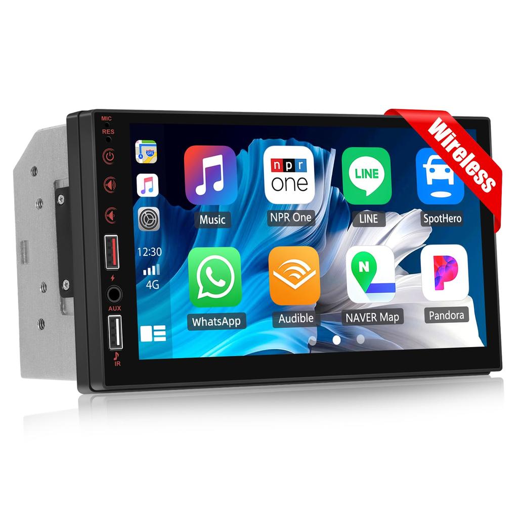 Double Din Wireless Carplay Android Auto Car Stereo, 7" IPS Touch Screen Car Audio