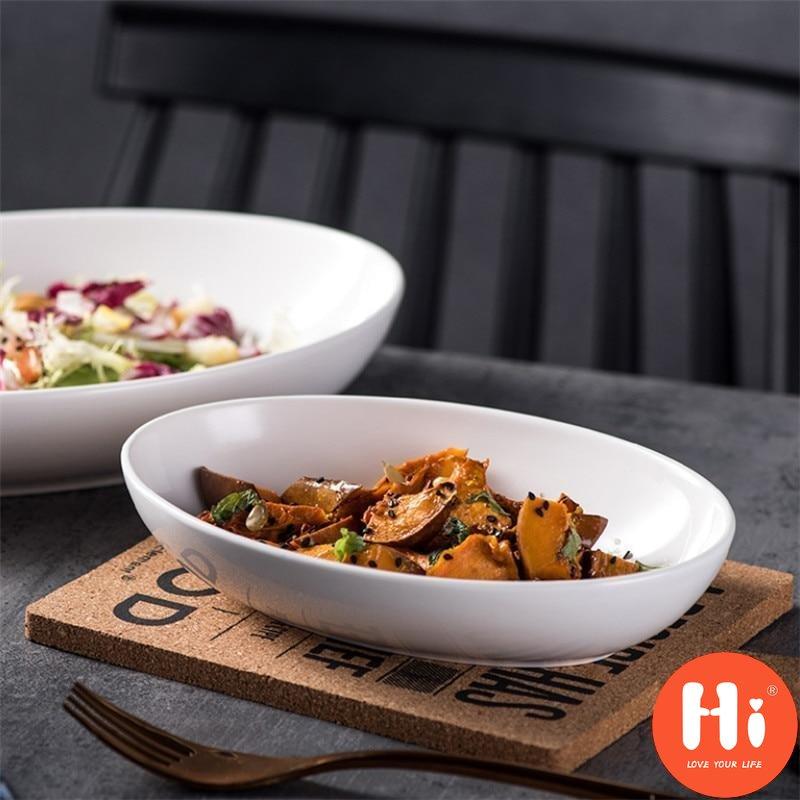 Hi Oval White Porcelain Tableware Ceramic Home Hotel Deep Soup Plate Cuisine Steamed Fish Plate Salad Dishes