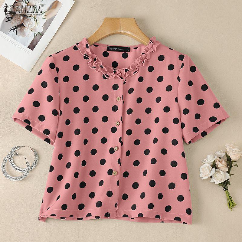 ZANZEA Women Casual Round Neck Polka Dot Print Short Sleeve Blouse