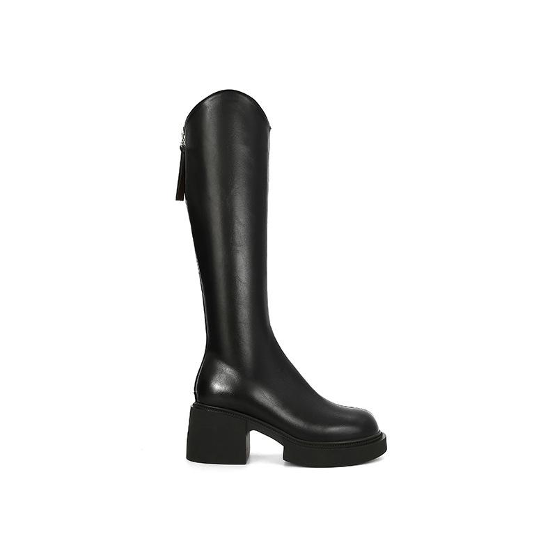 Black V-mouth Women's Long Boots Round Head 7CM Square Heel Heightening Knee-High Boots Fashion Sewing Rear Zipper Women Shoes