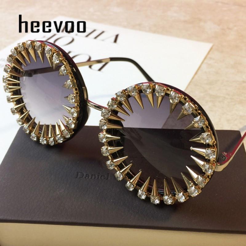 Retro Round Punk Style Sunglasses Women  Metal Diamond Sun Glasses Gold Bullet Crystal Exaggeration Eyewear Glasses UV400