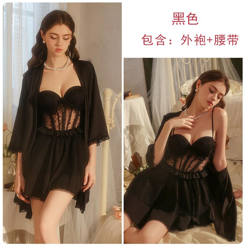 Women's Lace Cutout Underwire Push Up Padded Backless Sleep Dress with Robe Lounge Set