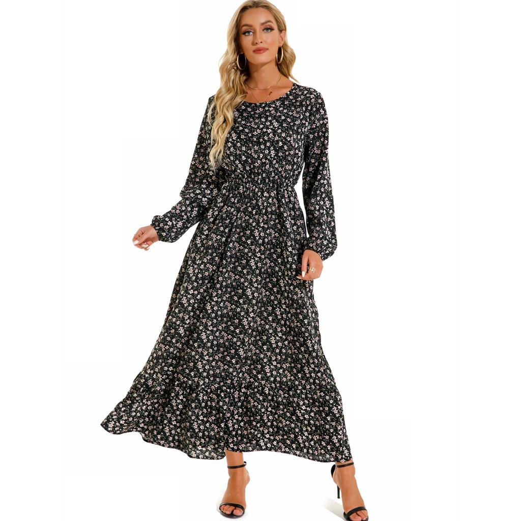 Women's Fashion Summer Spring Floral Print Long Sleeve O-Neck High Waist Casual Dresses