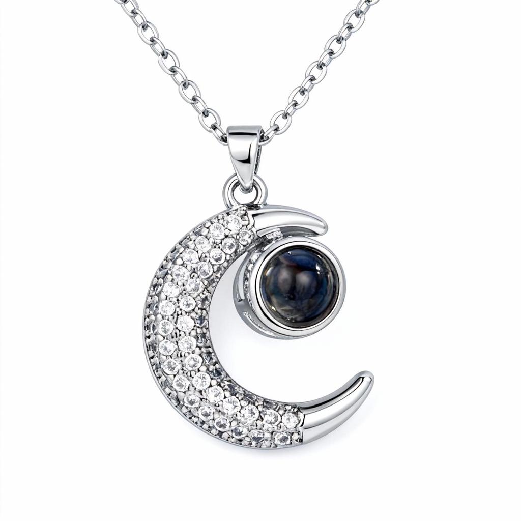 100 Languages Projection Moon Pendant Necklace in Gold-Plated Titanium Steel