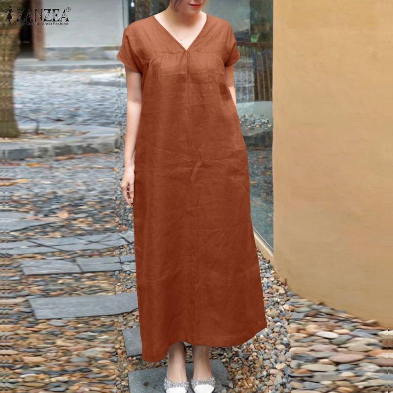 ZANZEA Women Casual V-Neck Solid Color Short Sleeve Long Dress
