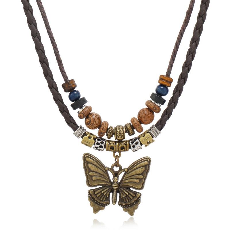 

Vintage Butterfly Pendant Multi Layer Braided Leather Beaded Necklace 1pcs коричневий