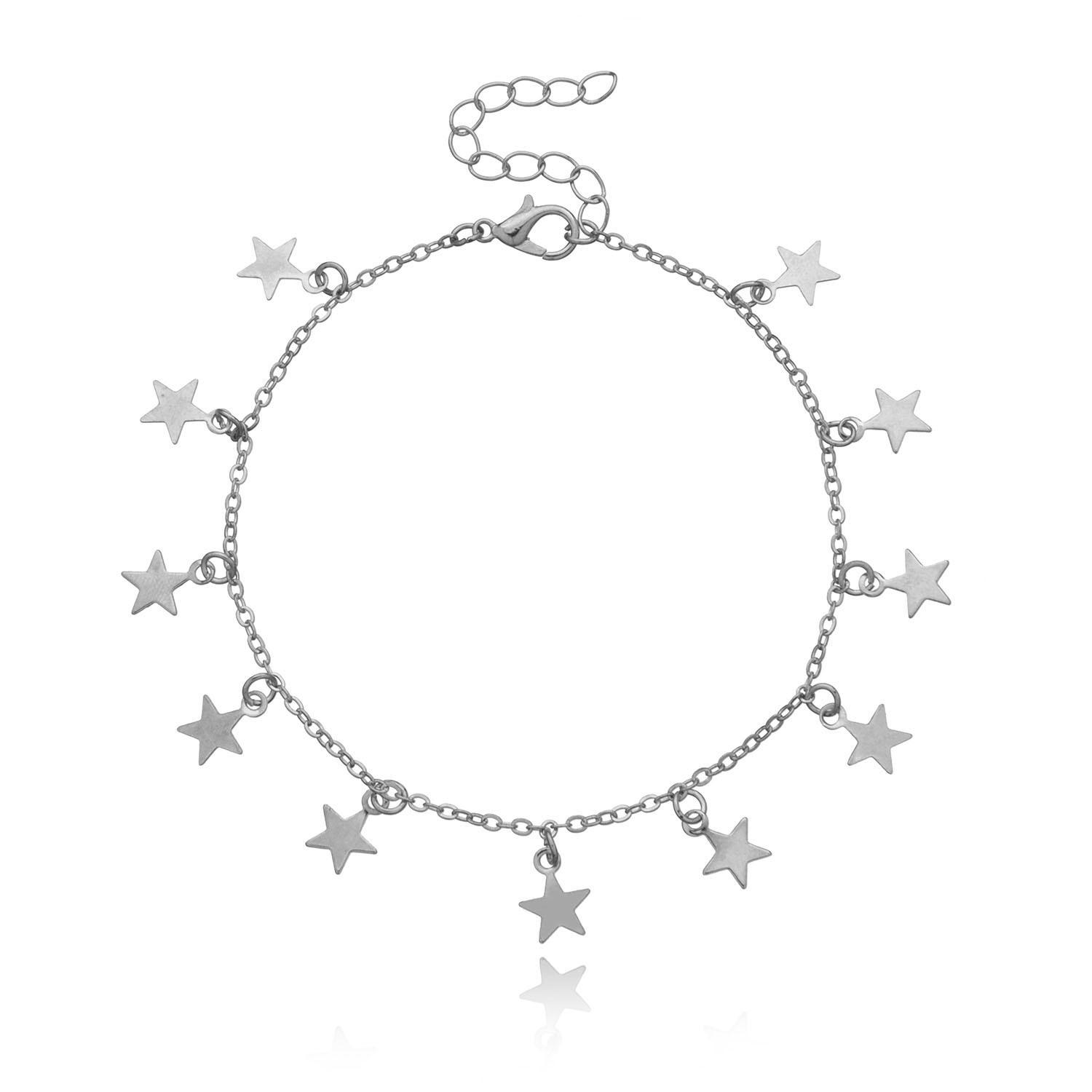 

Europe, America, simple and fashionable five-pointed star pendant anklet women, hot-selling adjustable star beach foot accessories срібний