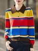 Women's Retro Color Block Striped Polo Knit Cardigan - Long Sleeve, Soft Fluffy Sweater Coat, Age-Reducing Knitwear