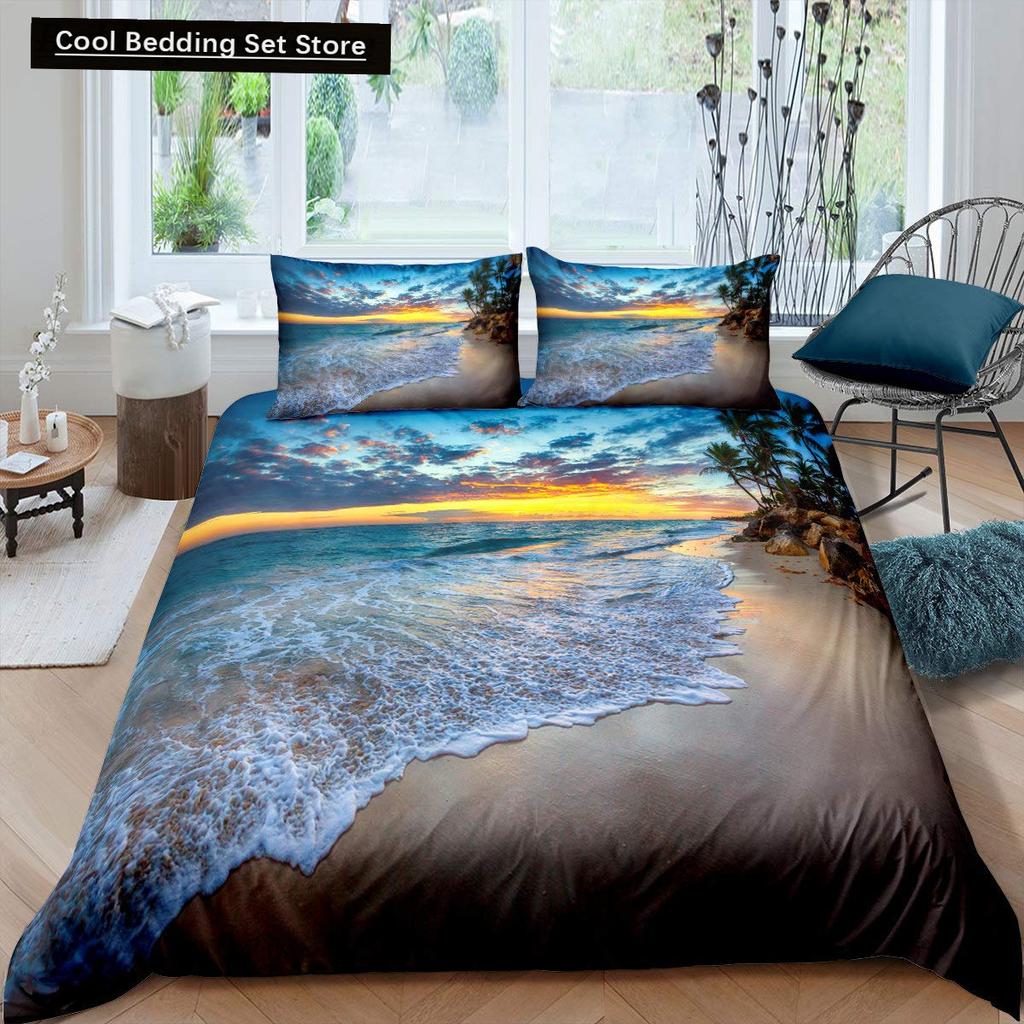 Summer Beach King Queen Duvet Cover Blue Ocean Fish Bedding Set Hawaiian Sea Palm Trees Quilt Cover Marine Life Comforter Cover