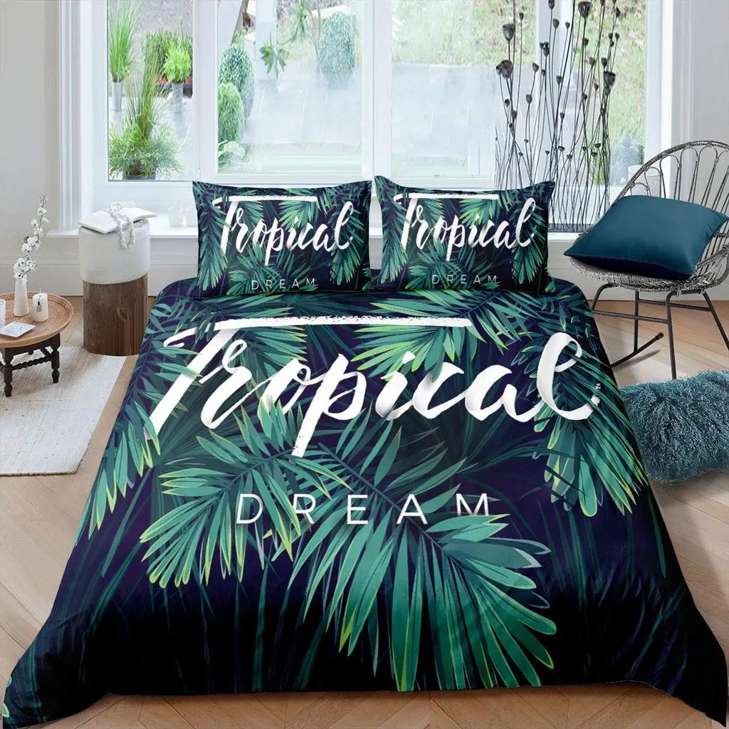 Palm Leaves Duvet Cover King Full Banana Leaves Bedding Set Hawaiian Tropical Leaves Green Branches 2/3Pcs Polyester Quilt Cover