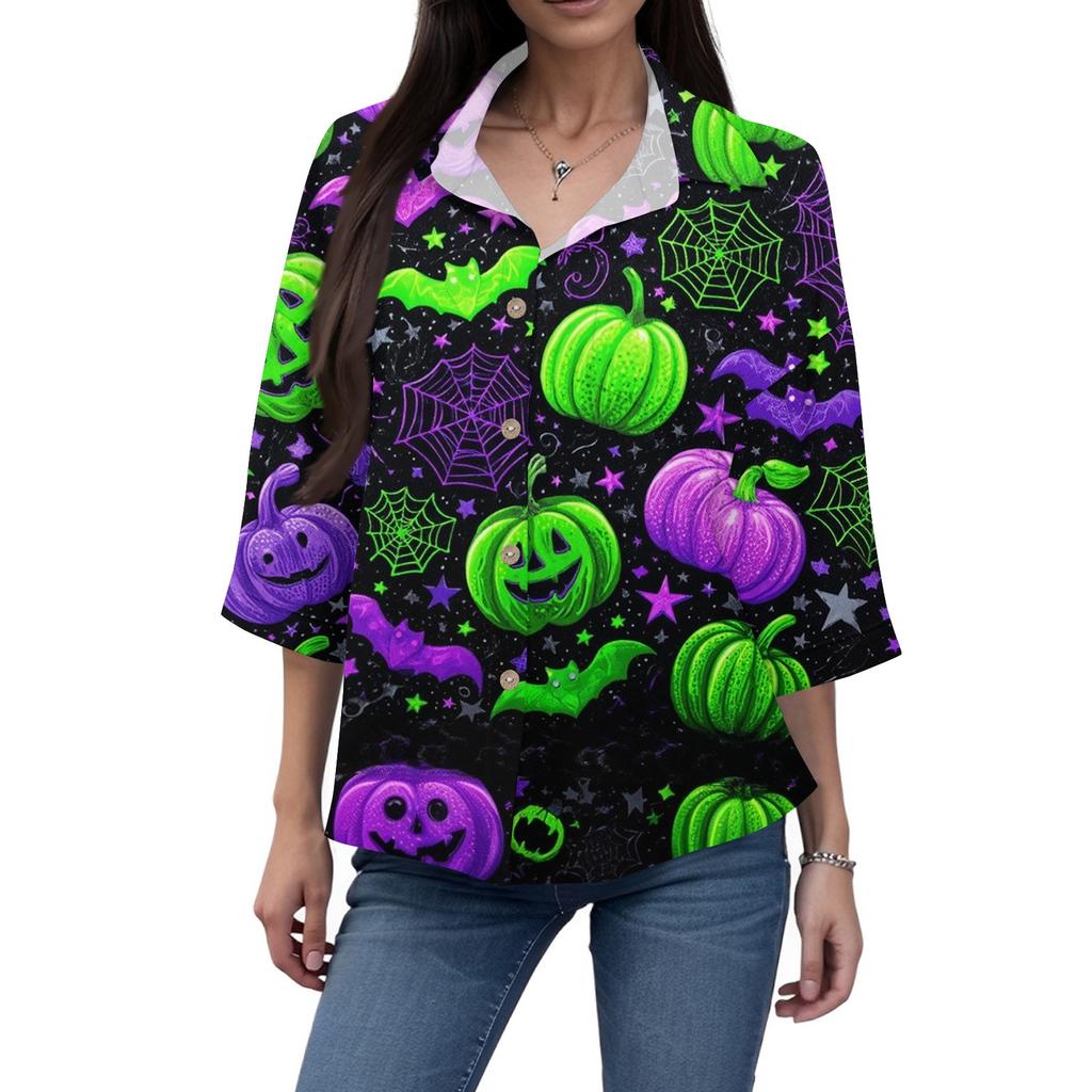 Women's Casual Printing Button-down Shirt Three-quarter Sleeve Dress Shirt Lapel Work Shirt With Pockets