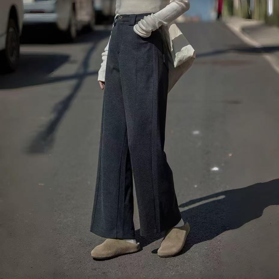 Women's Grey Wool Suit Pants - Autumn Drape, Versatile Wide-Leg, Straight, Solid Color