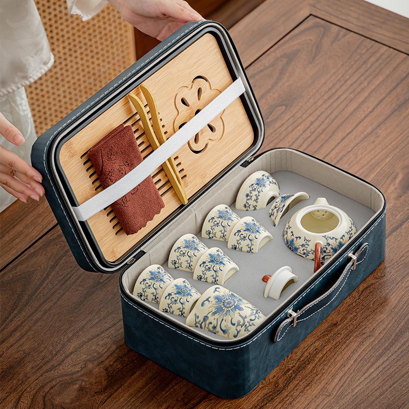 Wrapped Liandehua Ceramic Travel Leather Bag Ru Kiln Tea Set Portable Car Outdoor Kung Fu Tea Set Tea Breaker