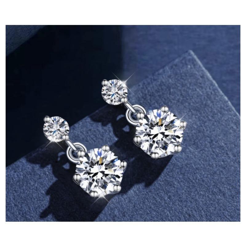 Women Inlaid Shining Zircon Double Zirconia Sterling Silver Pin Geometric Fashion Earrings