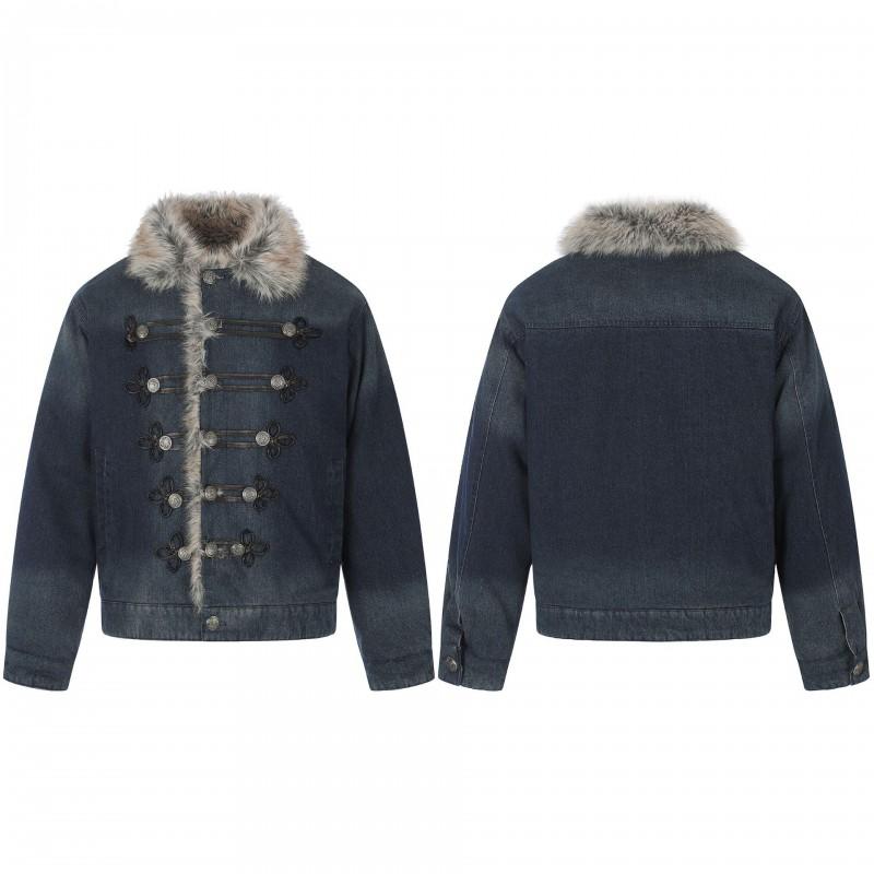 American Vintage Napoleon Collar Denim Padded Jacket Loose Fit Warm Winter Coat Unisex