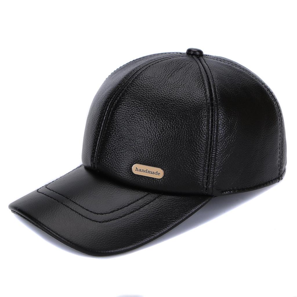 Genuine Leather Cowhide Baseball Cap with Ear Flaps, Adjustable Fleece-Lined Winter Duckbill Hat for Middle-Aged and Elderly Men.