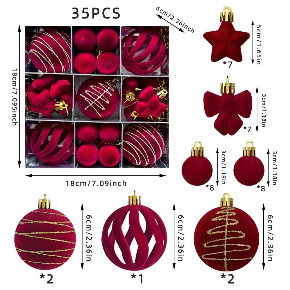 35PCS Flocked Xmas Tree Decor Set Velvet Bows Christmas Ball  Home Holiday Decor