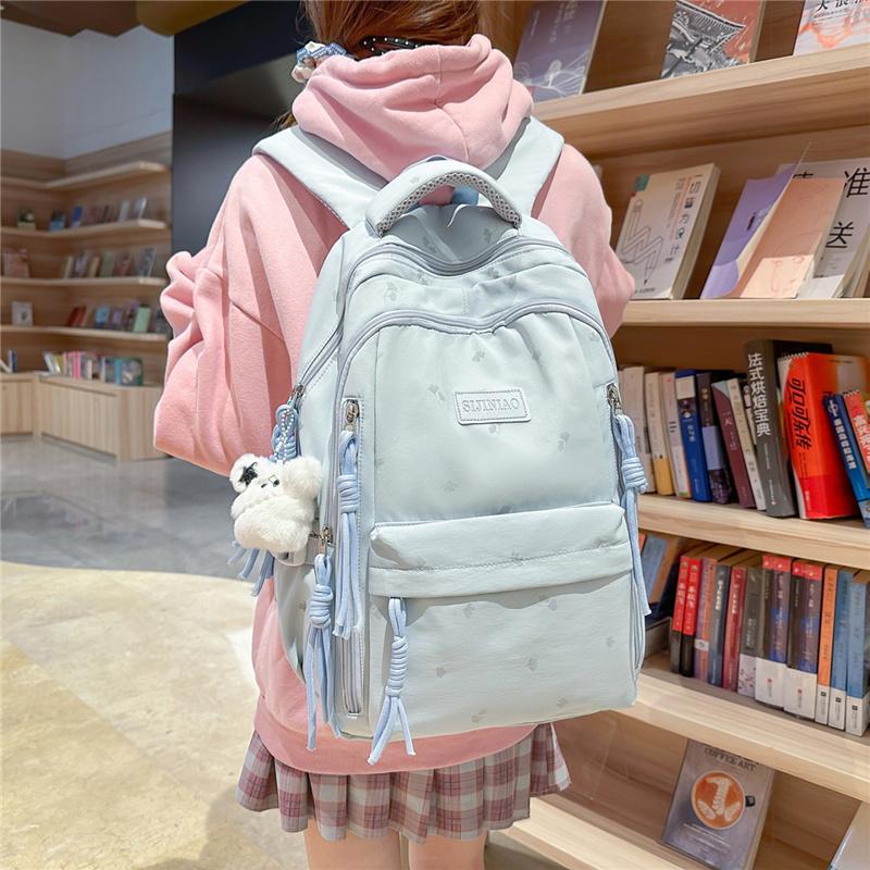 Cute Nylon Backpack for Women & Teens – Lightweight School Bag with Star Print and Decorative Tassels, Perfect for Daily Use
