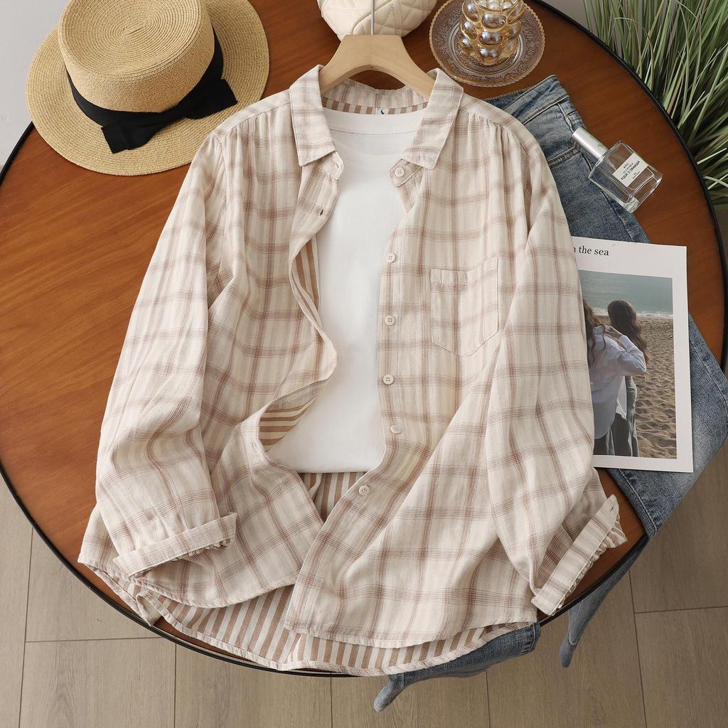 Women's Fresh Plaid Long Sleeve Shirt - Lightweight Sun Protection, Double Layer Cotton Gauze, Spring/Summer 2026.