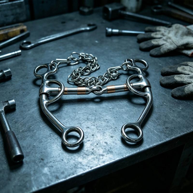 Horse Training Bit with Long Side Arms and Multiple Connection Rings, Three-Piece Jointed Center, Moving Metal Sections, Stainless Steel, and Curb