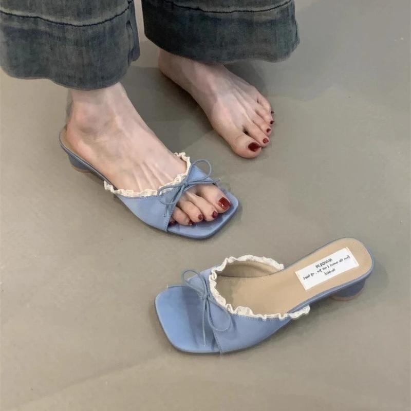 Fashion Women's Sweet Lace Open-toed Sandals Comfortable Low Square Head Sweet Butterfly-knot Peep Toe Slippers Heels Party Slide Shoes