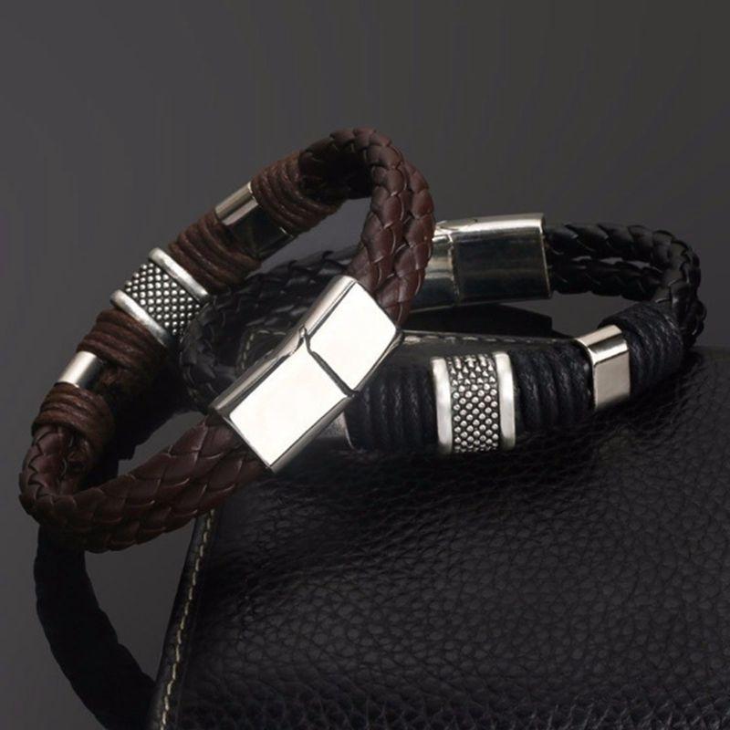 Vintage Brown Leather Bracelets For Men Husband Stainless Steel Multilayer Braided Rope Bangle Wrist Jewelry Gift Pulsera Hombre