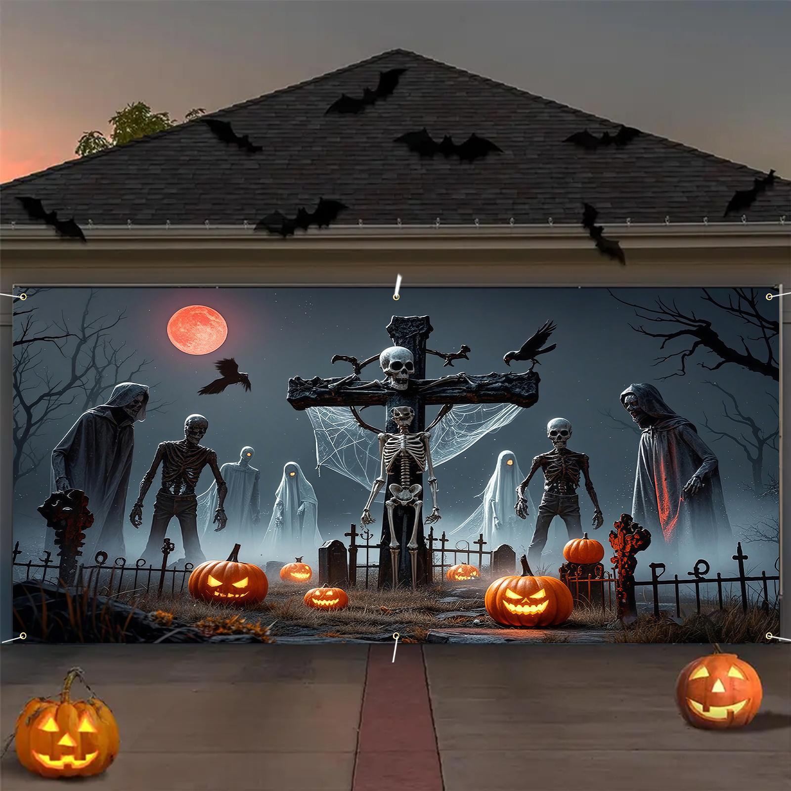 1pc Halloween-themed polyester Garage Flag - Horror skull, pumpkin, bat and skull design, Halloween decoration (as the picture,100x150cm)