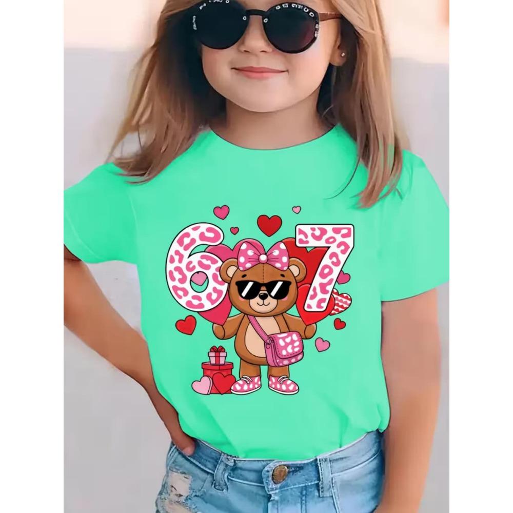 Children's Cute Girl T-Shirt Cartoon Bear Digital 67 Print Fashion Round Neck Short Sleeve Top Clothing Gift Children's Clothing