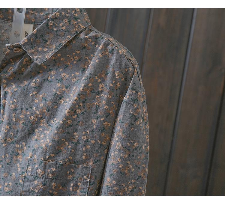 Women's Small Floral Cotton Linen Long Sleeve Shirt - Artistic Casual Spring/Autumn Outerwear