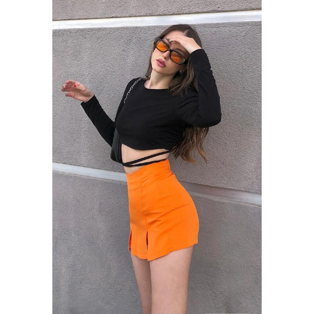 Černé mini šortky s rozparkem Sukně Ocel Knitted Lycra