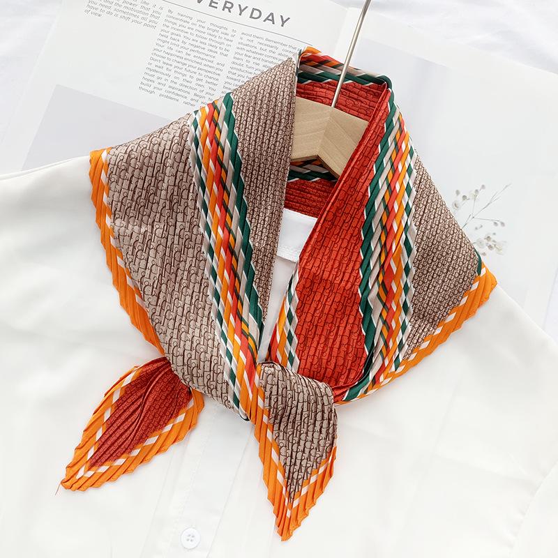 Retro Color Block Crinkled Square Scarf - 70cm Pleated Neckerchief in Imitation Silk for Women