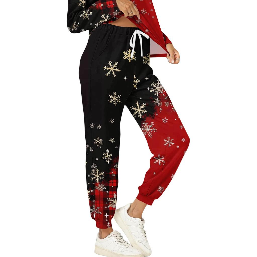 Sets für Damen 2-teilig Rundhals Langarmshirts Bedruckte Jogginghosen Taschensets