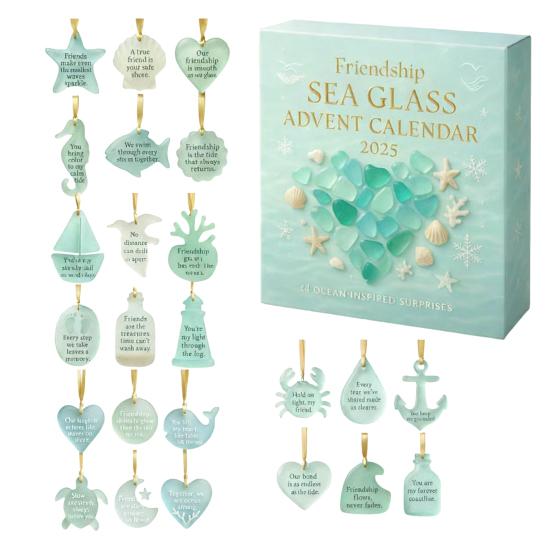 Friendship Sea Glass Advent Calendar 24 Days Acrylic Ornament with Ocean Themes Christmas Countdown Decor for Tree And Best Friends