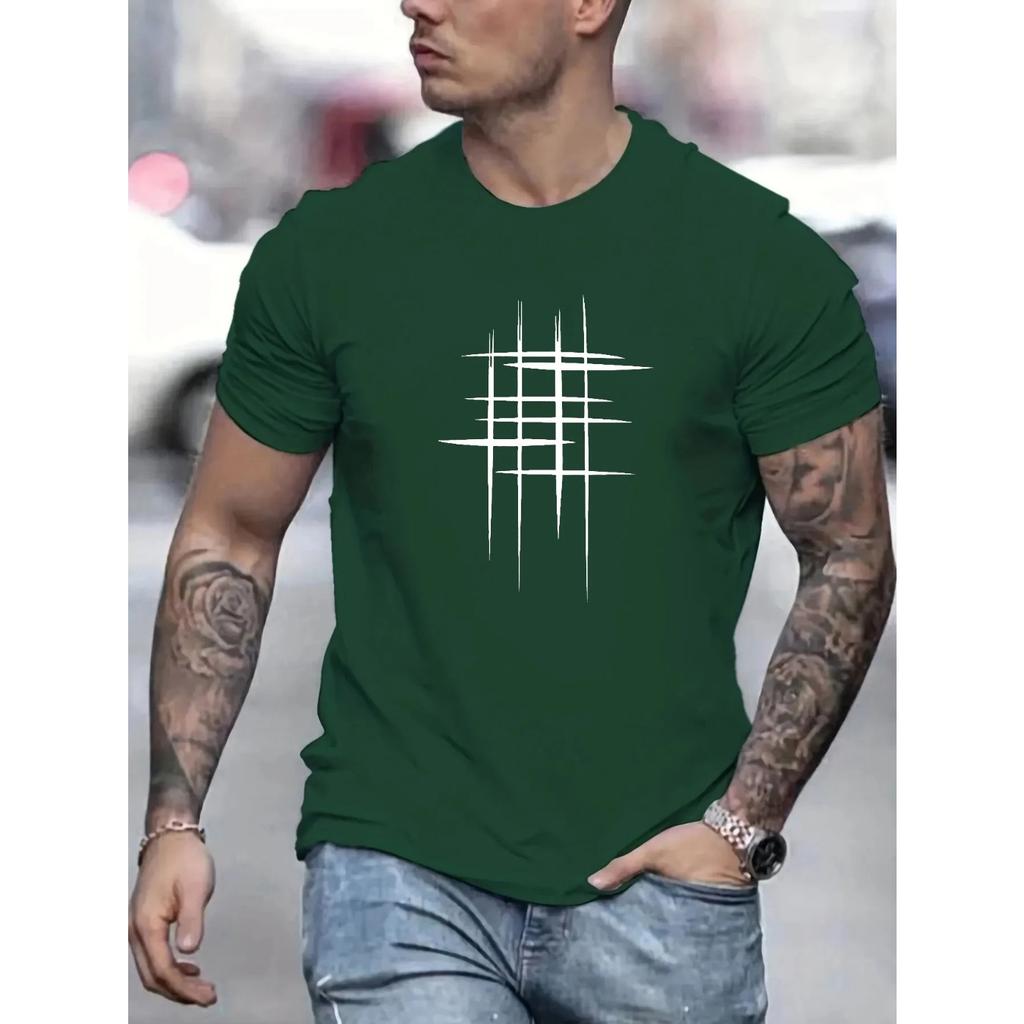 Summer 100% Cotton Casual Loose Minimalist Line Graphic Print Round Neck Short Sleeve Men's T-shirts