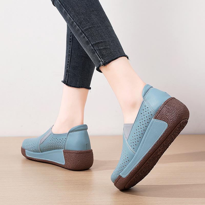 Hollow-out Women PU Leather Casual Shoes Fashion Wedge Heels Platform Shoes Slip-on Loafers Mother Shoes