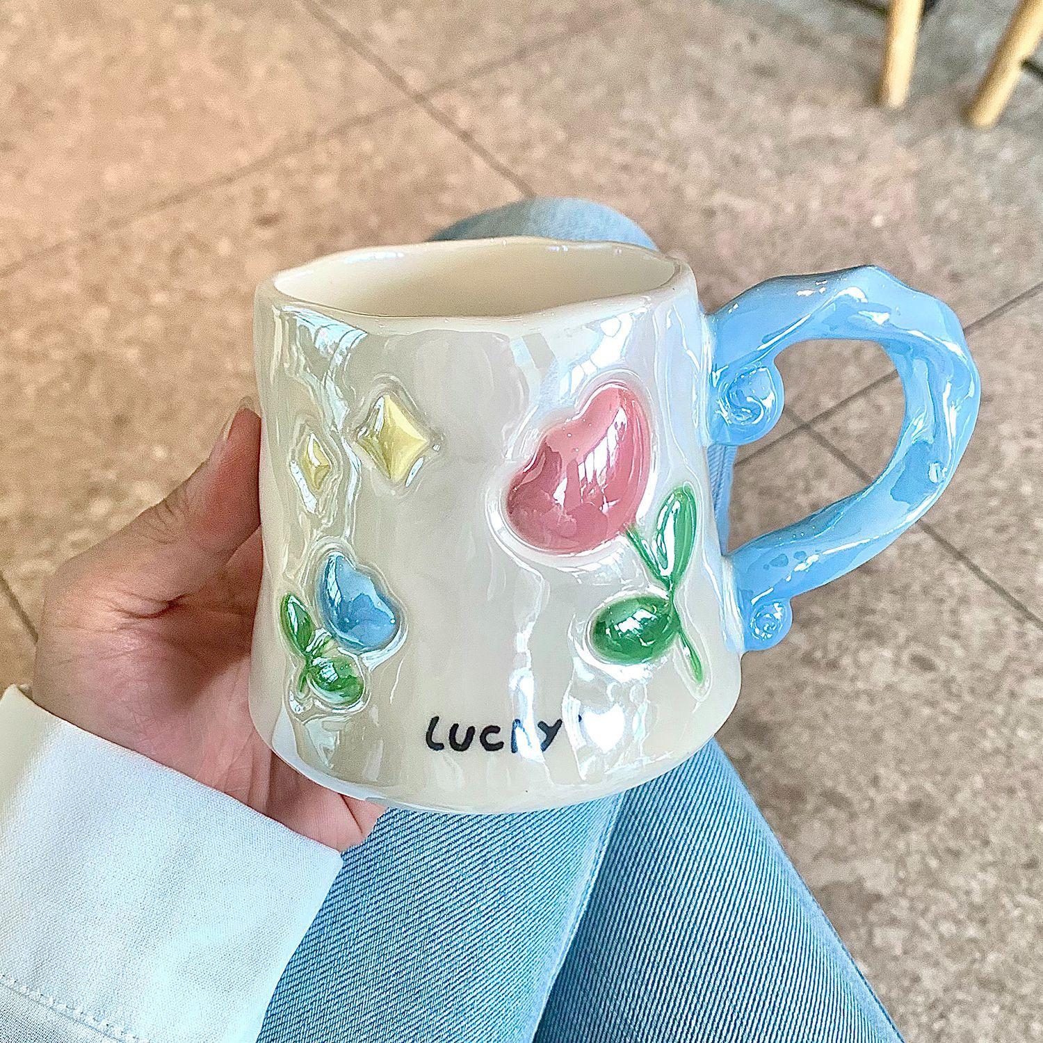 Girls heart mug high value ins wind cup ceramic water cup girls home office coffee flower tea cup 400ml