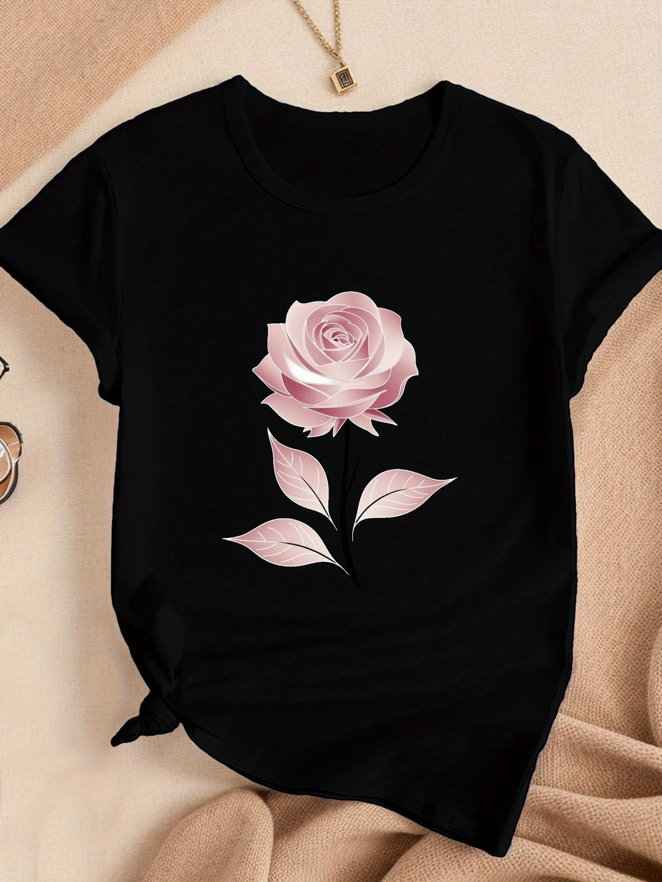 

Women s Elegant Black T-Shirt with Pink Rose Illustration, Soft & Breathable Short Sleeve Round Neck Top | Casual Summer Essential 5XL різнокольоровий