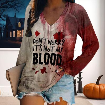 Dámske tričko s výstrihom do V, s dlhým rukávom, s potlačou krvavých písmen, voľného strihu, halloweenske pulóvrové topy, streetwear