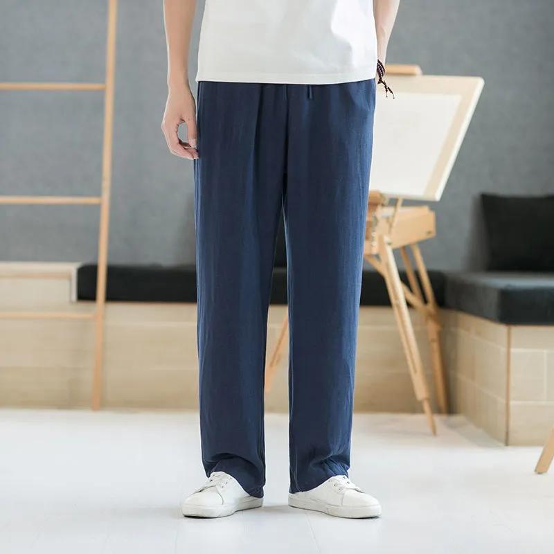 Mens Solid Color Linen Elastic Waist Wide Leg Pants