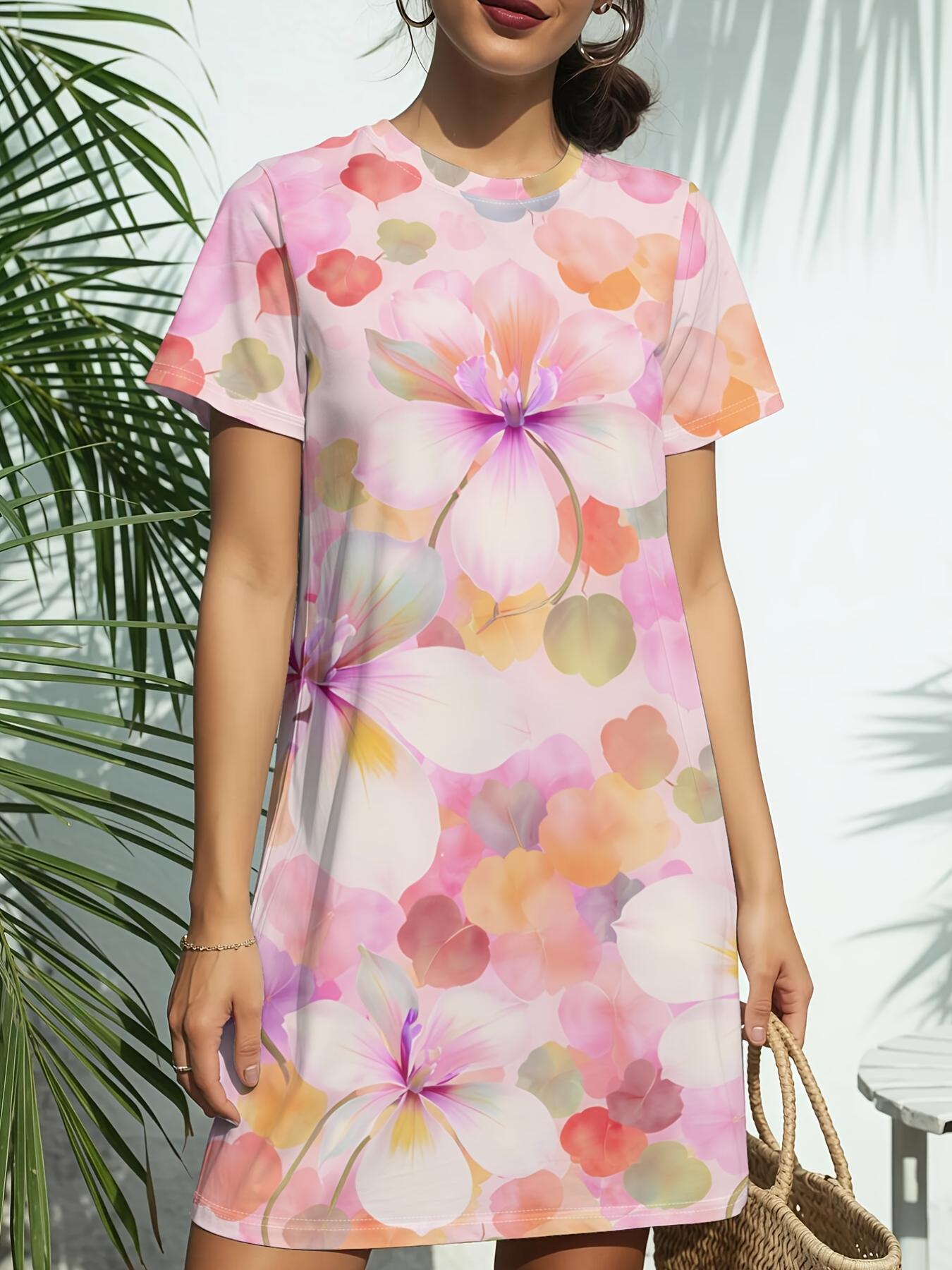 

Soft Floral Print Dress New Women S Round Neck Short Sleeve T-Shirt Dress. American Style Trend Digital Printing. Casual And Versatile for Spring And 7XL дубильна кора