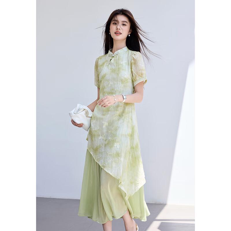 VICTORIA&VERA Summer New Chinese Style Embroidered Faux Two-Piece Cheongsam Midi Dress