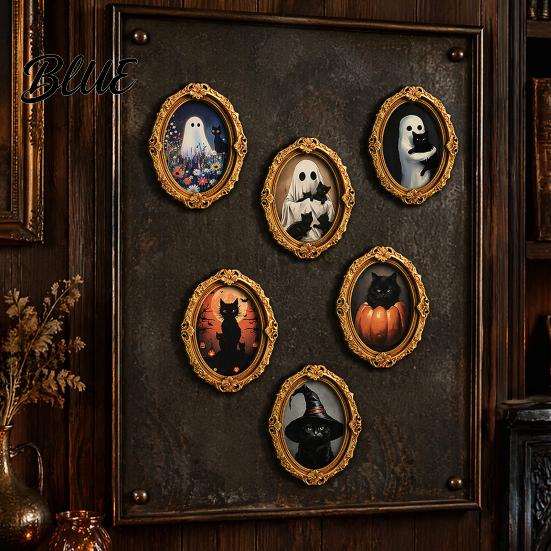 Kitchen Refrigerator Magnet 1/6Pcs Halloween Retro Frame Magnet Wooden Fridge Set Decoration Memo Note Holder for Holiday Party Cartoon
